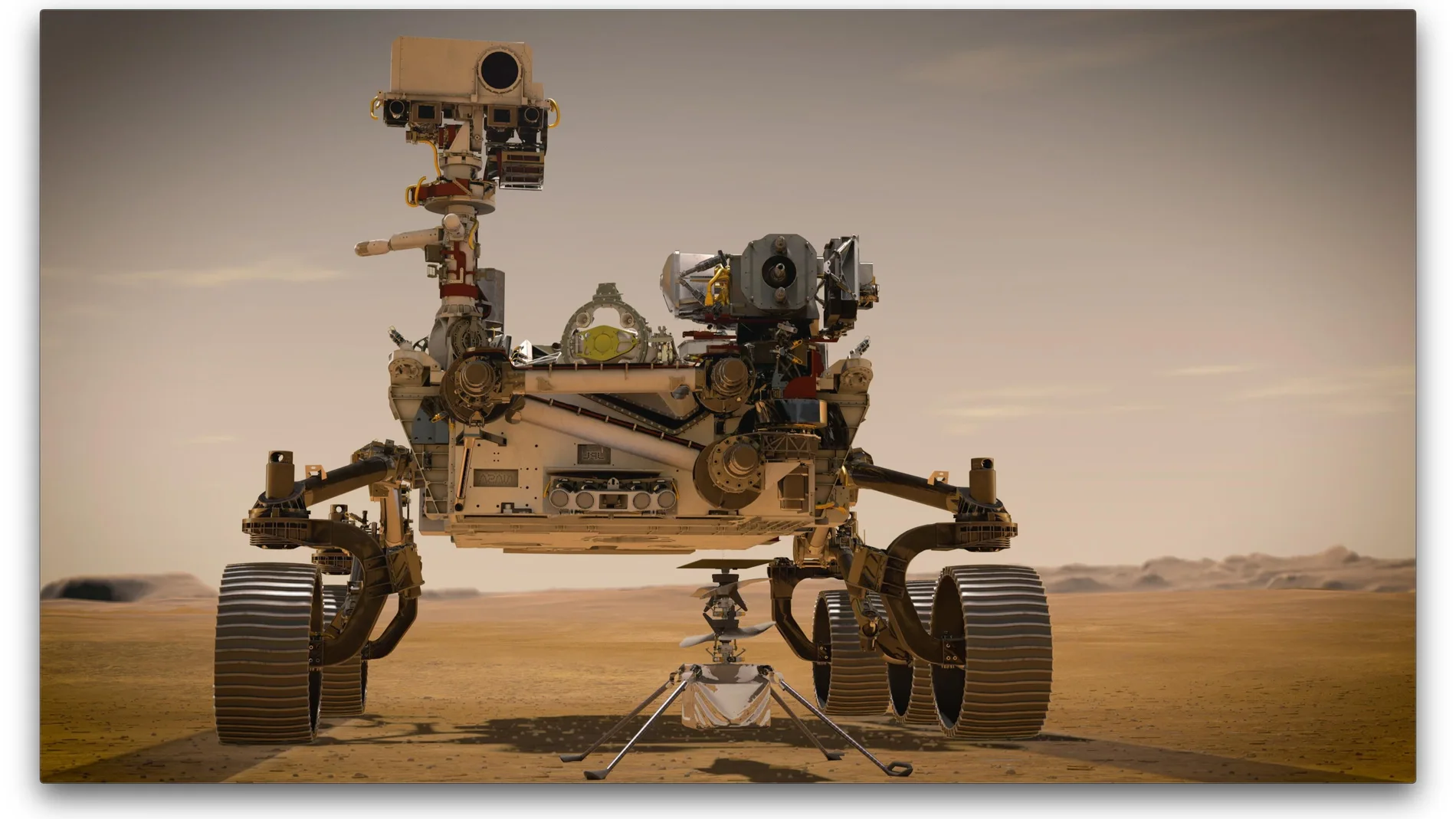 Dibujo artístico donde se muestra al helicóptero "Ingenuity" (adelante) que estará acoplado al nuevo vehículo espacial Rover (atrás), también conocido como "Perseverance" que serán los dos nuevos exploradores de la agencia en Marte.