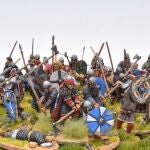 Haroldo Godwinson (en el centro), en la batalla de Hastings. Miniaturas de 28 mm. de Gripping Beast pintadas por Javier Gómez "El Mercenario"