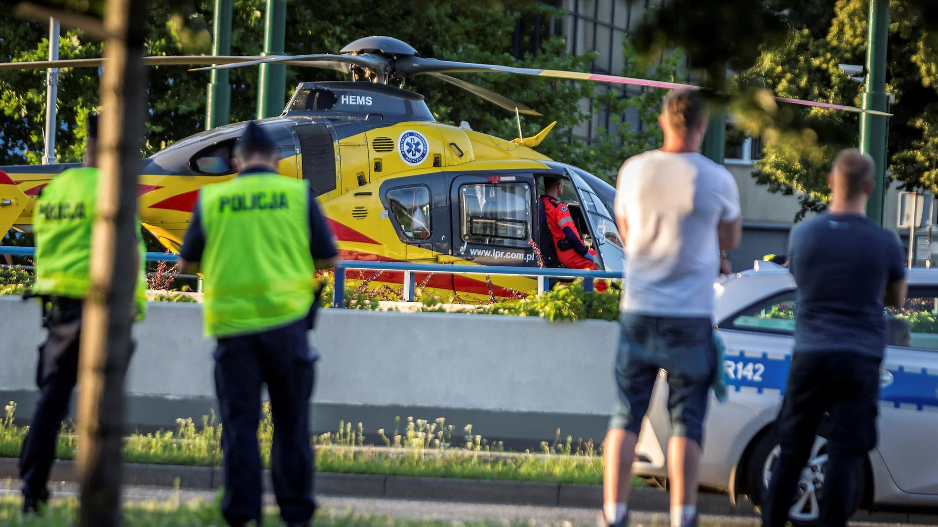 A rescue helicopter is seen on the site where Dutch cyclists Fabio Jakobsen and Dylan Groenewegen crashed in Katowice