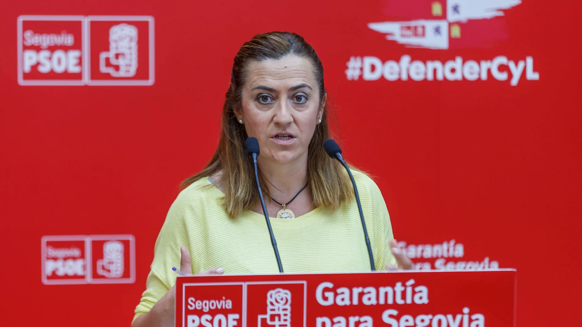 La vicesecretaria regional del PSOE, Virginia barcones, atiende a la prensa tras reunirse con los alcaldes y concejales del partido en la provincia de Segovia