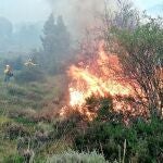 Miembros del servicio de extinción de incendios sofocan las llamas del incendio de Tabanera de Valdavia