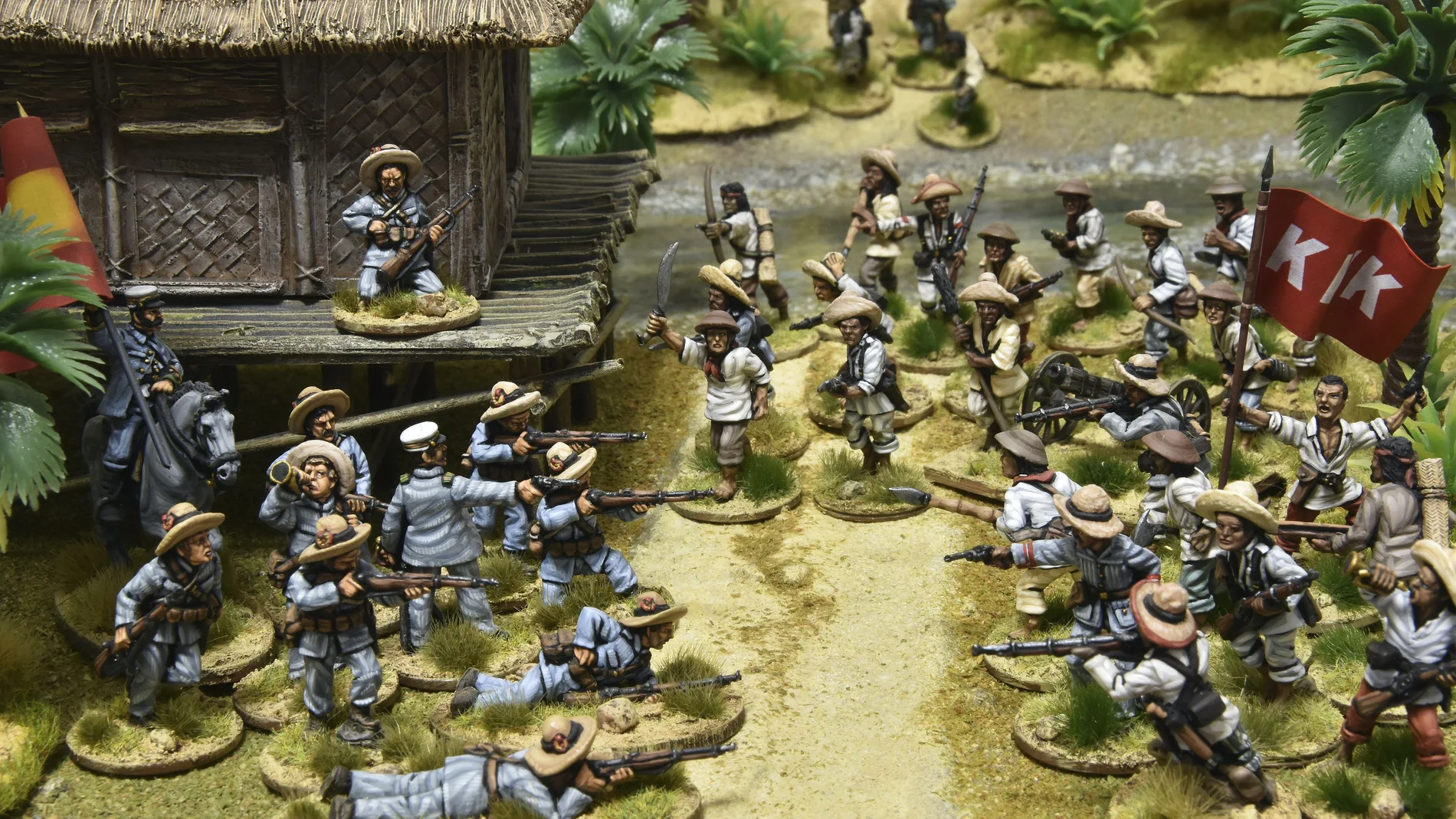 Cazadores expedicionarios españoles y revolucionarios tagalos, 1898 Miniaturas, 28 mm. Piezas pintadas por Javier Gómez «El Mercenario»
