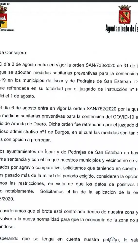 Carta de los ayuntamientos de Pedrajas e Iscar a la consejera de Sanidad.EUROPA PRESS10/08/2020