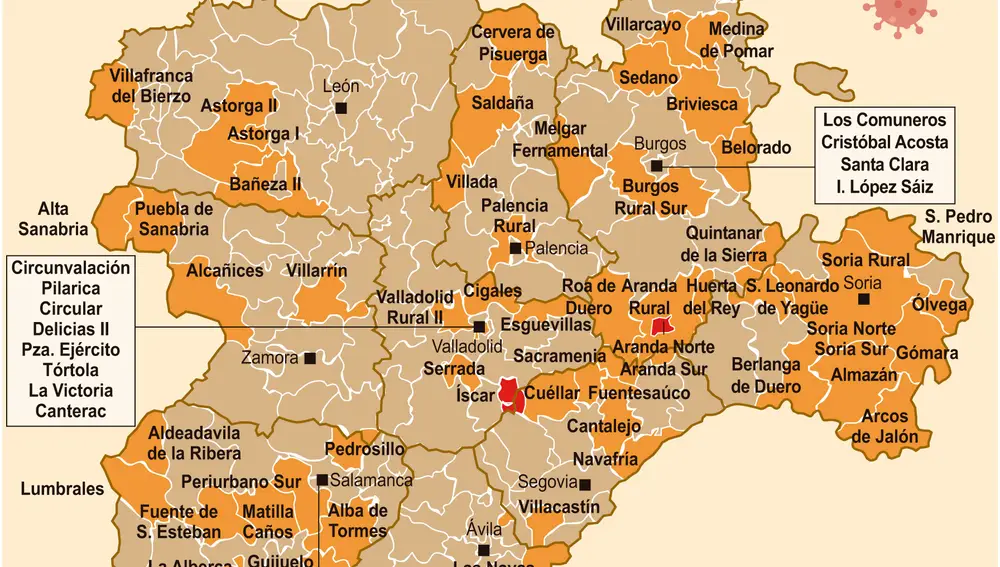 Zonas básicas de salud confinadas y con riesgo de confinamiento en Castilla y León