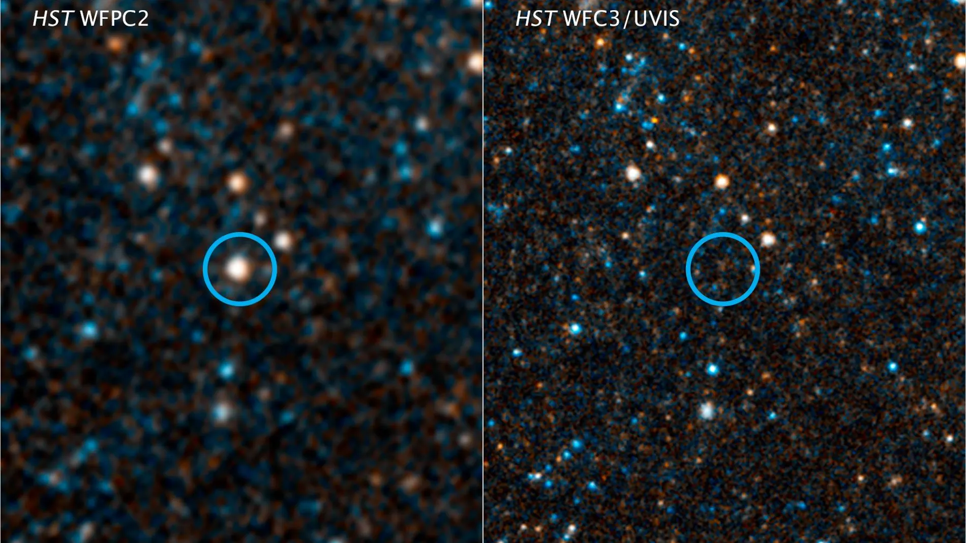 El objeto N6946-BH1 es probablemente en la actualidad un agujero negro. En el año 2007, como podemos ver en la imagen, era una estrella, pero tras una erupción en el año 2009 que la hizo diez veces más brillante se apagó repentinamente.
