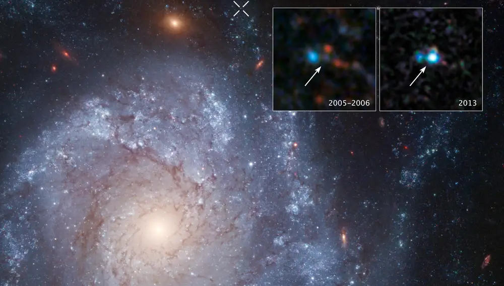 Identificación del progenitor de la supernova 2012Z, que se encendió a principios de 2012 en la galaxia NGC 1309, a 110 millones de años luz de nosotros. La cruz marca el lugar donde apareció la supernova, y en las dos imágenes podemos ver esa región seis años antes de la explosión y unos meses después.