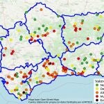 Mapa incluido en un estudio elaborado por Ecologistas en Acción en el que se asevera que en las seis demarcaciones hidrográficas de Andalucía se ha detectado la presencia de glifosato