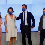 El líder del PP, Pablo Casado , junto al alcalde de Madrid, José Luis Martínez-Almeida (d), nuevo portavoz nacional; la nueva portavoz en el Congreso, Cuca Gamarra y Ana Pastor, vicepresidenta segunda de la Cámara Baja.