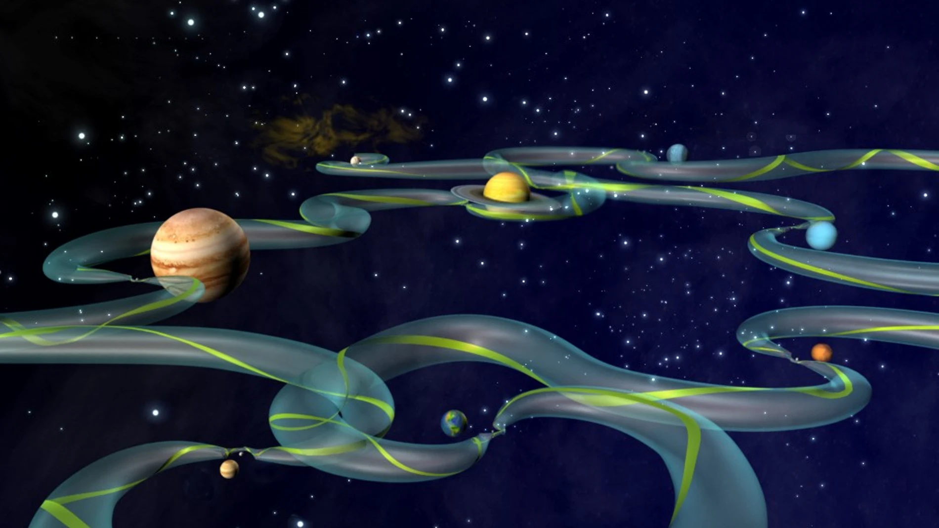 Representación artística mostrando la superautopista interplanetaria y uno de sus infinitos caminos marcado en verde.