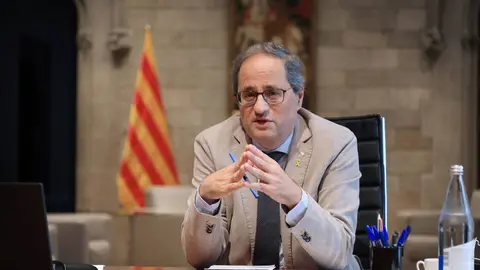 Quim Torra en una reunión con responsables de los hospitales de la región.