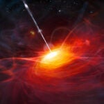 Impresión artística del cuásar más lejano conocido, ULAS J1120+0641. Se trata del objeto más brillante del universo que se ha encontrado hasta la fecha.