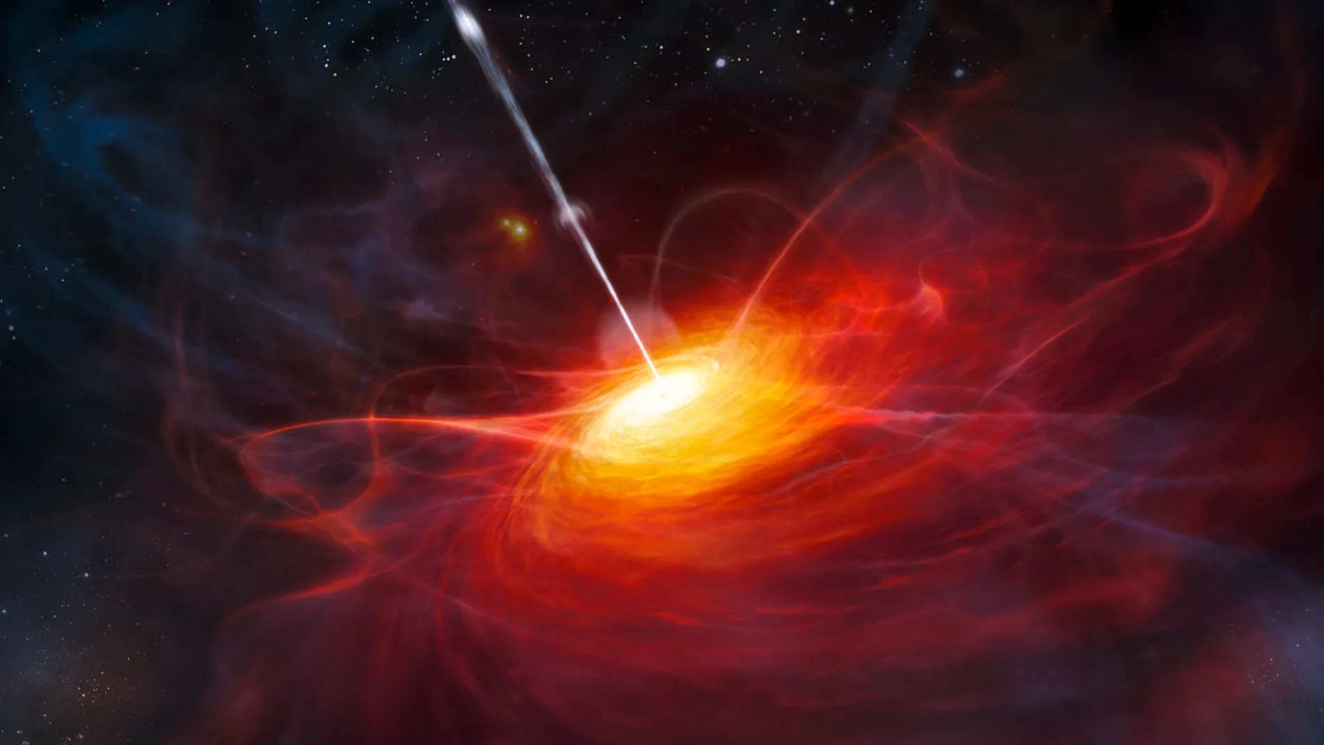 Impresión artística del cuásar más lejano conocido, ULAS J1120+0641. Se trata del objeto más brillante del universo que se ha encontrado hasta la fecha.
