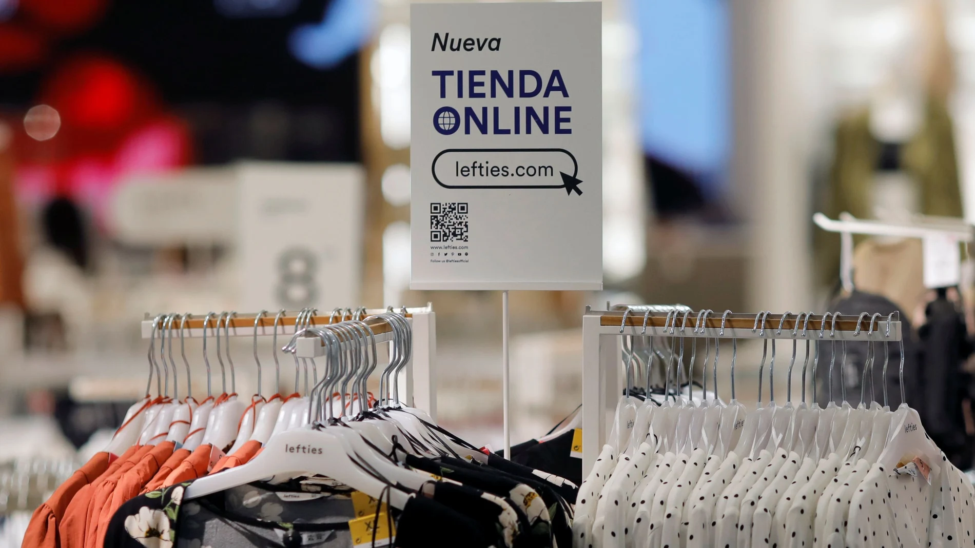 A sign of the new Lefties online shop is seen at a Lefties store, an Inditex brand, in Malaga