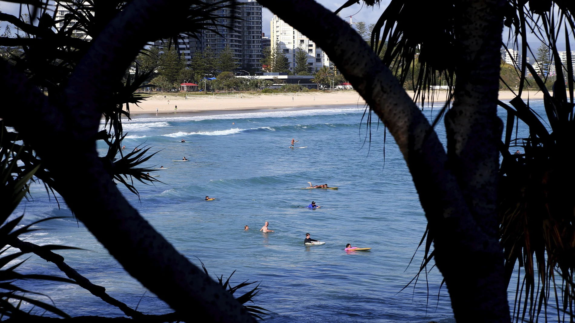 Los surfistas se sumergen en el agua esperando olas en la zona sur de Gold Coast