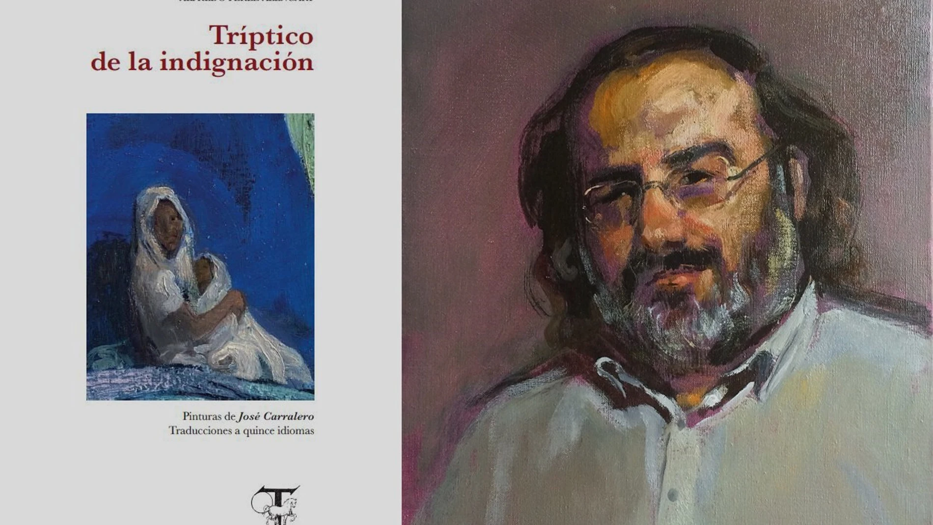 Portada del libro "Tríptico de la indignación" y retrato de Alfredo Pérez Alencart