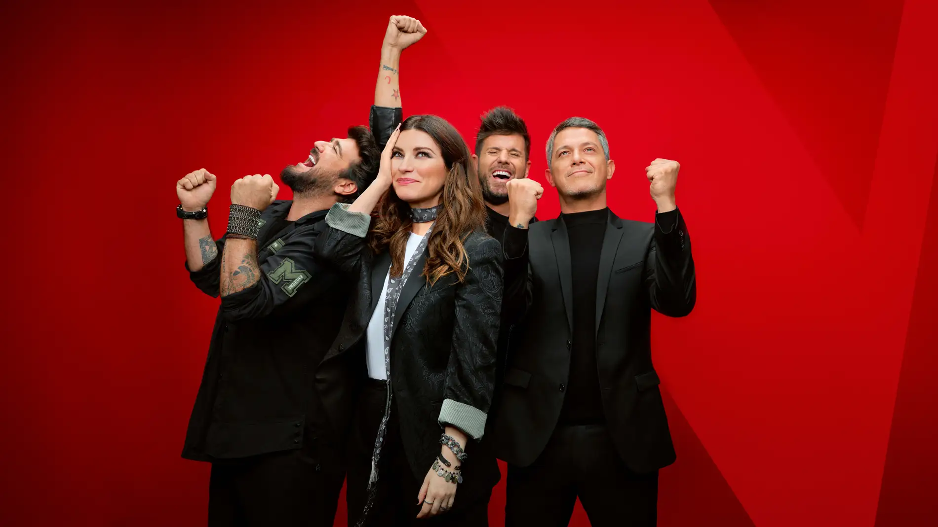 De izquierda a derecha, los coaches del programa, Antonio Orozco, Laura Pausini, Pablo López y ALejandro Sanz