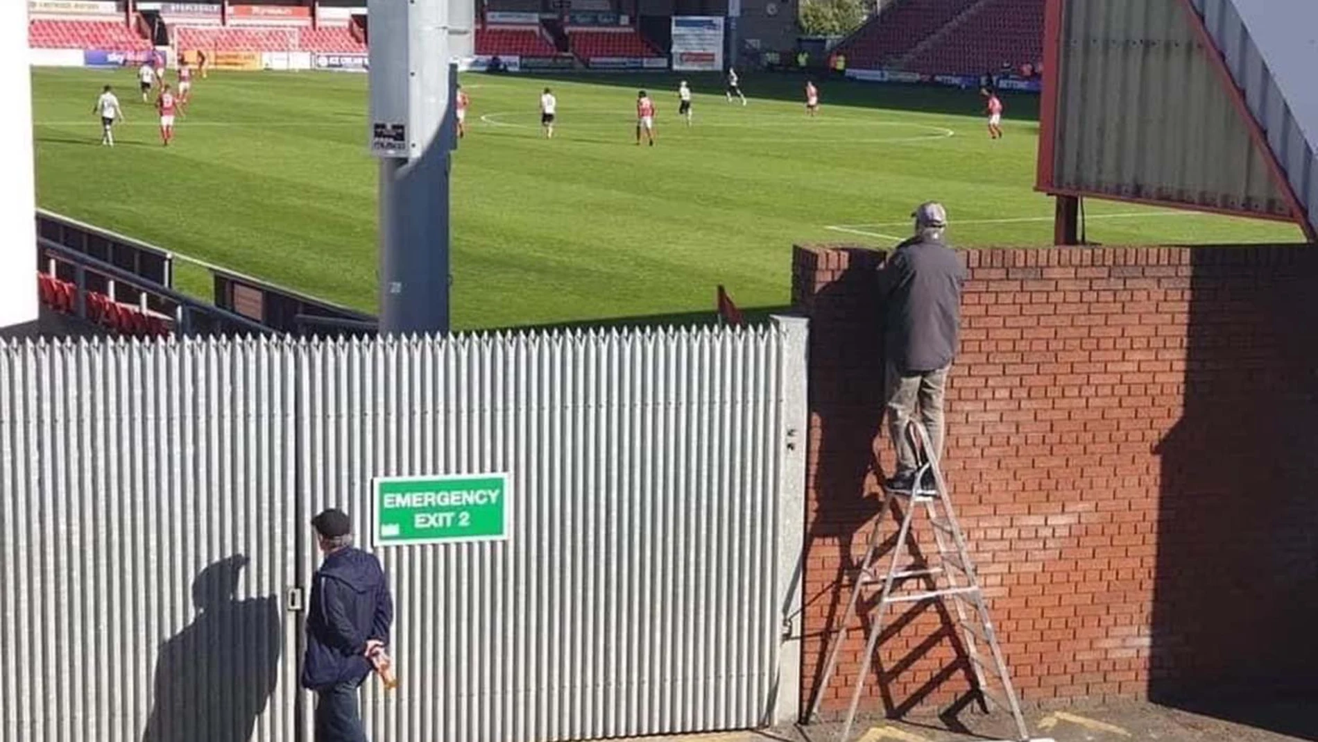 Paul Taylor viendo el Crewe Alexandra-Charlton subido a una escalera.