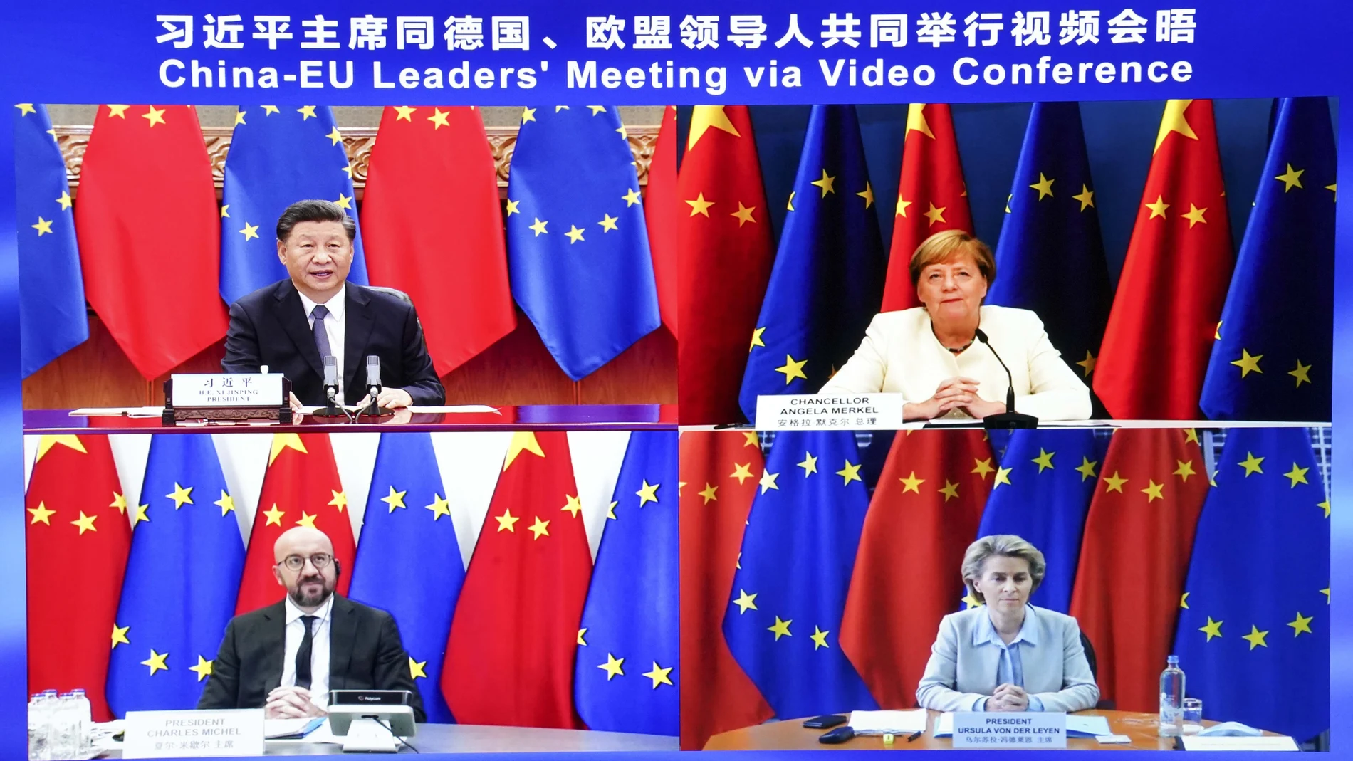 Xi Jinping, Angela Merkel, Charles Michel y Ursula von der Leyen