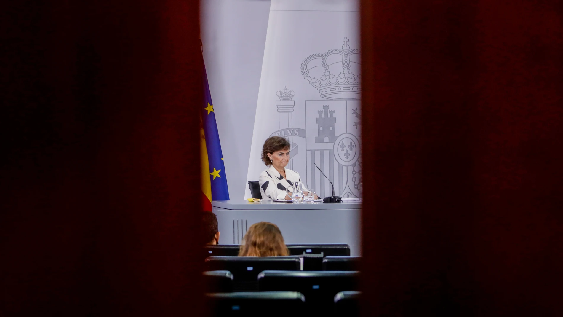 La vicepresidenta primera del Gobierno, Carmen Calvo, durante su comparecencia en rueda de prensa posterior al Consejo de Ministros