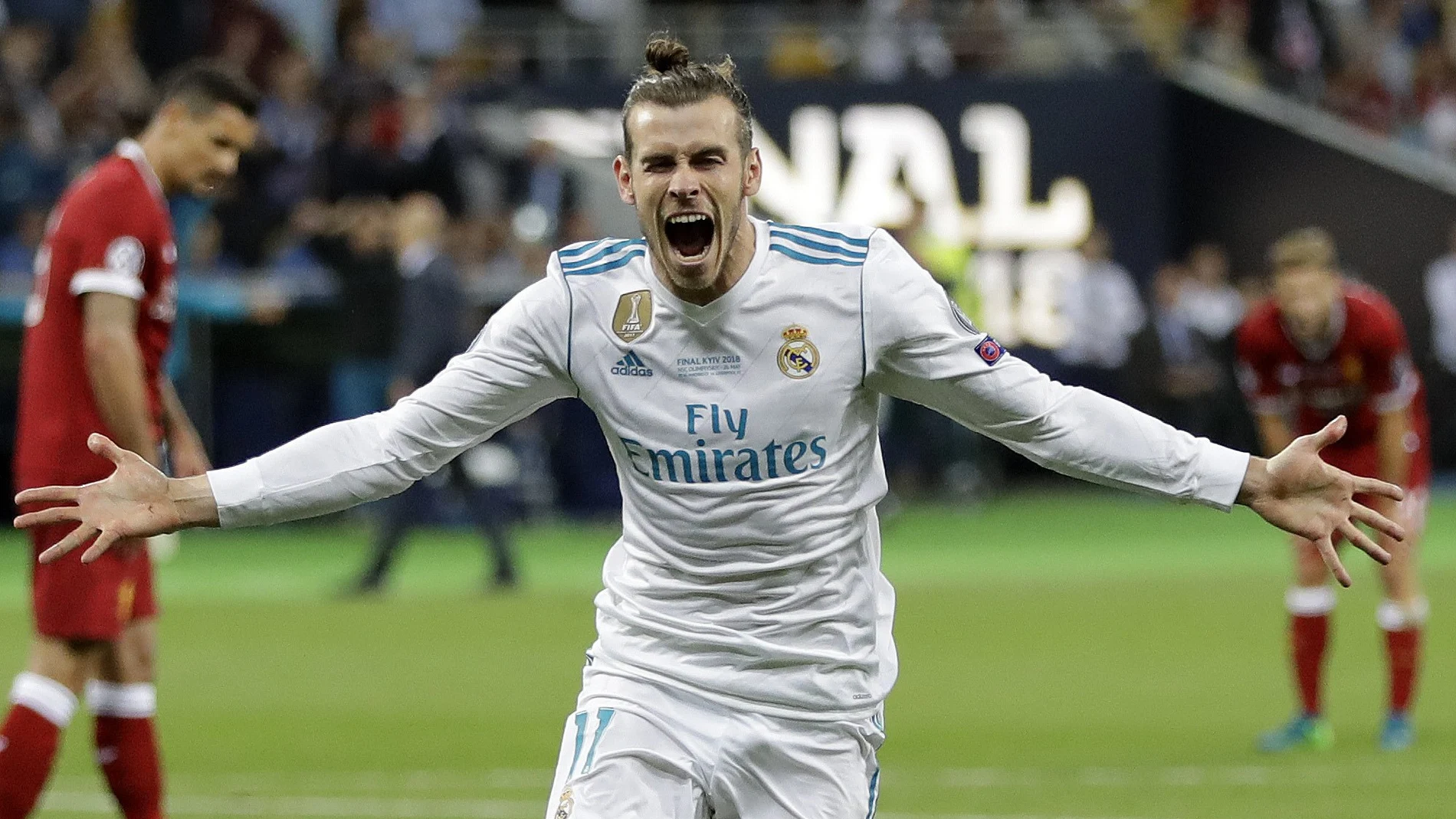 Bale celebra uno de sus goles al Liverpool en la final de la Champions de 2018