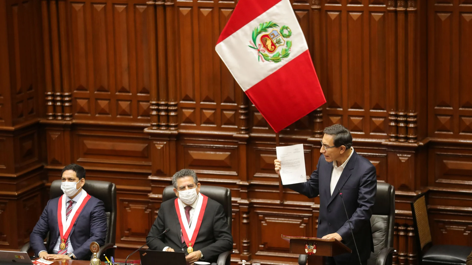 Peru's President Martin Vizcarra addresses Congress as lawmakers were set to vote over whether to oust Vizcarra after impeachment proceedings were launched last week, in Lima, Peru September 18, 2020. Peruvian Presidency/Handout via REUTERS ATTENTION EDITORS - THIS IMAGE WAS PROVIDED BY A THIRD PARTY. NO RESALES. NO ARCHIVE