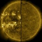 Esta imagen dividida muestra la diferencia entre un Sol activo durante el máximo solar (a la izquierda, capturado en abril de 2014) y un Sol tranquilo durante el mínimo solar (a la derecha, capturado en diciembre de 2019).