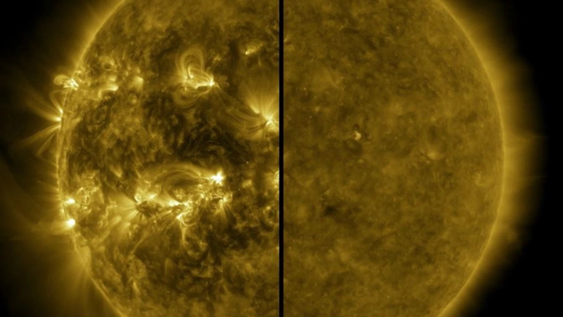 Esta imagen dividida muestra la diferencia entre un Sol activo durante el máximo solar (a la izquierda, capturado en abril de 2014) y un Sol tranquilo durante el mínimo solar (a la derecha, capturado en diciembre de 2019).
