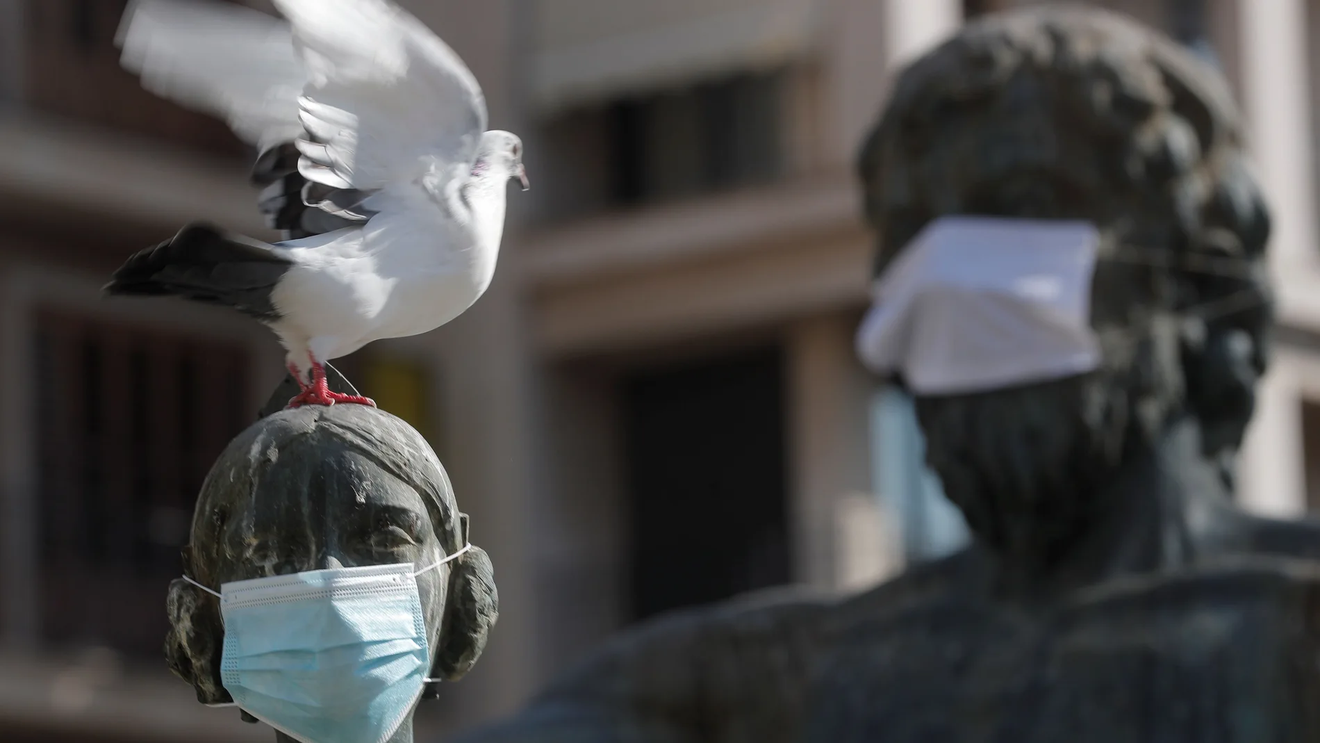 El Ayuntamiento de Valencia ha colocado mascarillas a las estatuas de la ciudad para sensibilizar a la ciudadanía del uso de esta protección.