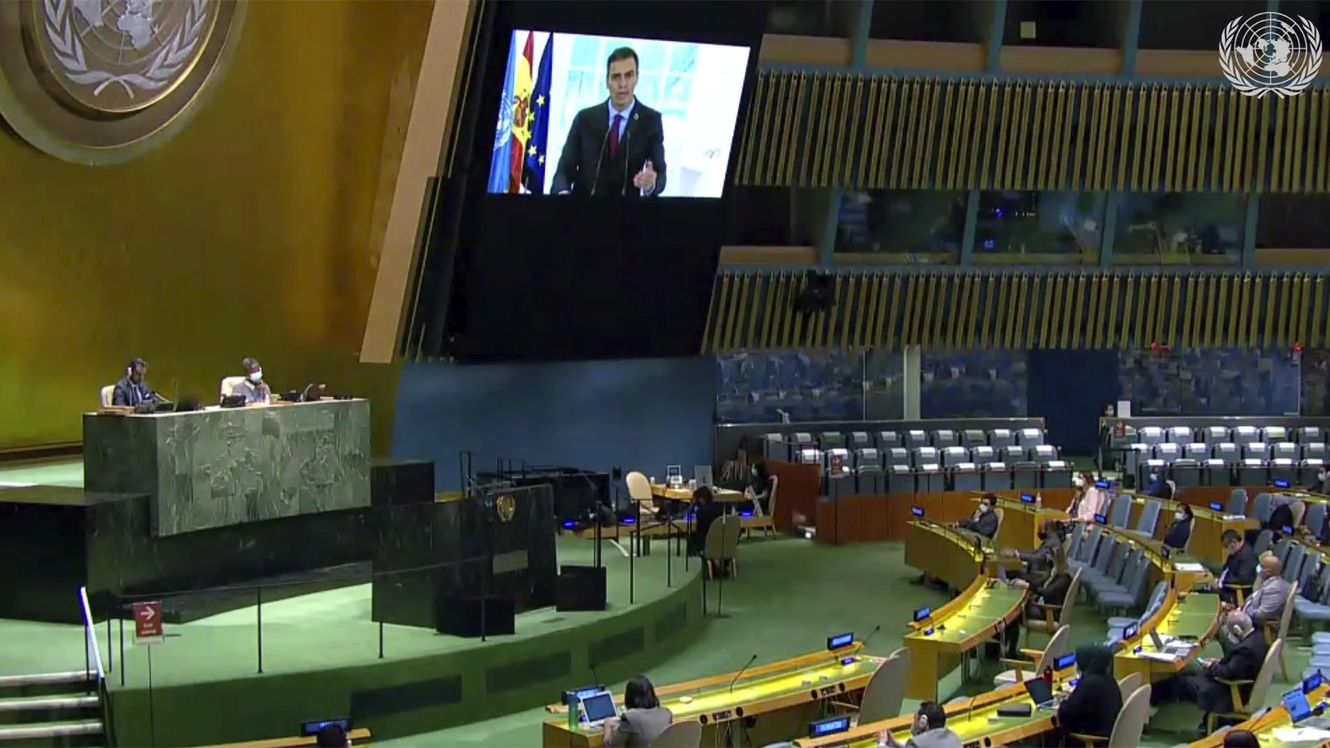 In this image made from UNTV video, Pedro Sanchez Perez-Castejon, Prime Minister of Spain, speaks in a pre-recorded message which was played during the 75th session of the United Nations General Assembly, Friday, Sept. 25, 2020, at UN headquarters. (UNTV via AP)