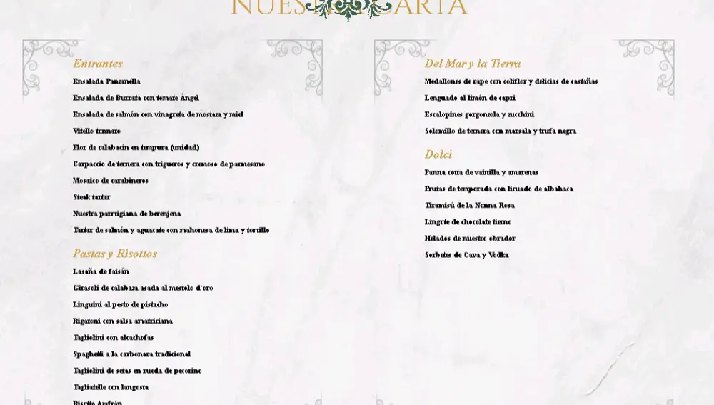 Carta Restaurante Numa