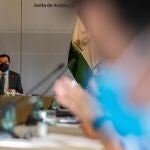 El presidente de la Junta de Andalucía, Juanma Moreno, durante la reunión del Comité Asesor de Alertas de Salud Pública de Alto Impacto (Comité de Expertos), hoy en el Palacio de San Telmo en Sevilla