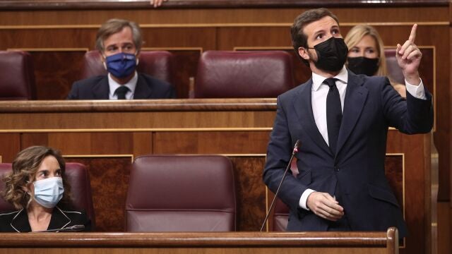 El líder del PP, Pablo Casado, durante su intervención en la sesión de control al gobierno en el Congreso de los Diputados