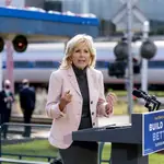 Jill Biden, the wife of Democratic presidential candidate former Vice President Joe Biden, speaks at Amtrak&#39;s Cleveland Lakefront train station, Wednesday, Sept. 30, 2020, in Cleveland, Biden is on a train tour through Ohio and Pennsylvania today. (AP Photo/Andrew Harnik)