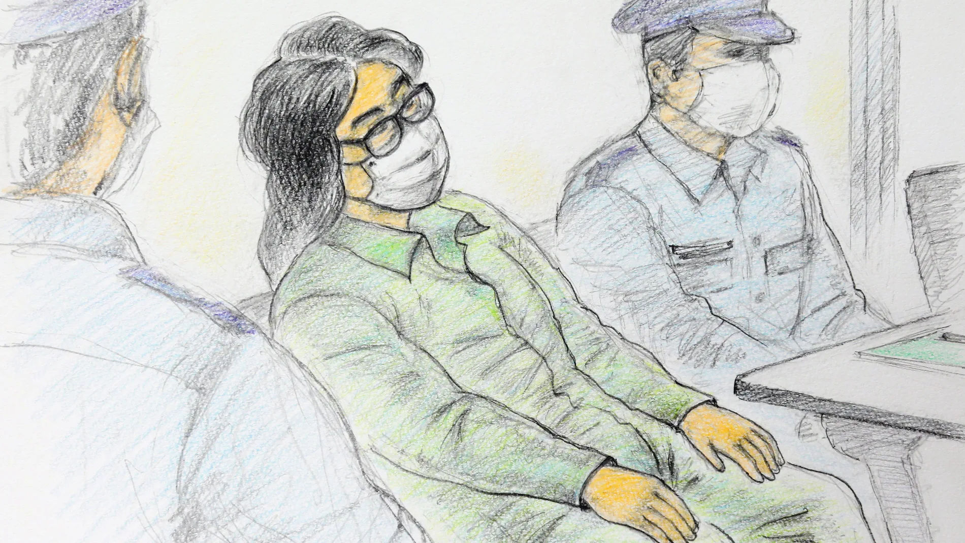 Un boceto de la sala de audiencias dibujado por Masato Yamashita muestra al acusado Takahiro Shiraishi (C) flanqueado por dos oficiales