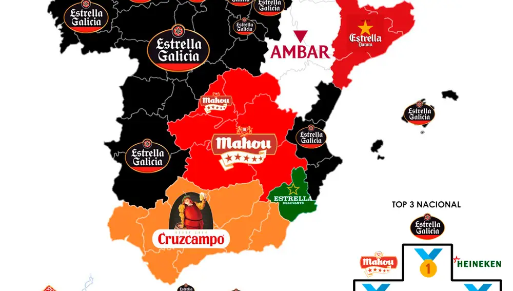 Mapa de las marcas de cerveza favoritas en función de la comunidad autónoma