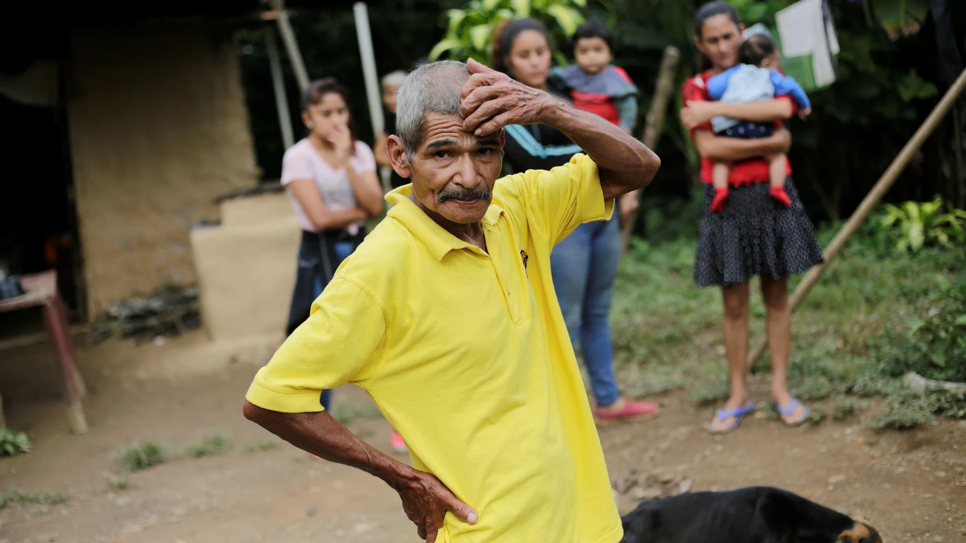 Felix Lara Rodriguez, father of late Honduran migrant Felix Enrique Lara, who died after falling from a trailer and getting trapped under its wheels while taking part in a migrant caravan towards the U.S., gestures at his home in San Antonio del Peru, Honduras October 2, 2020. REUTERS/Jorge Cabrera
