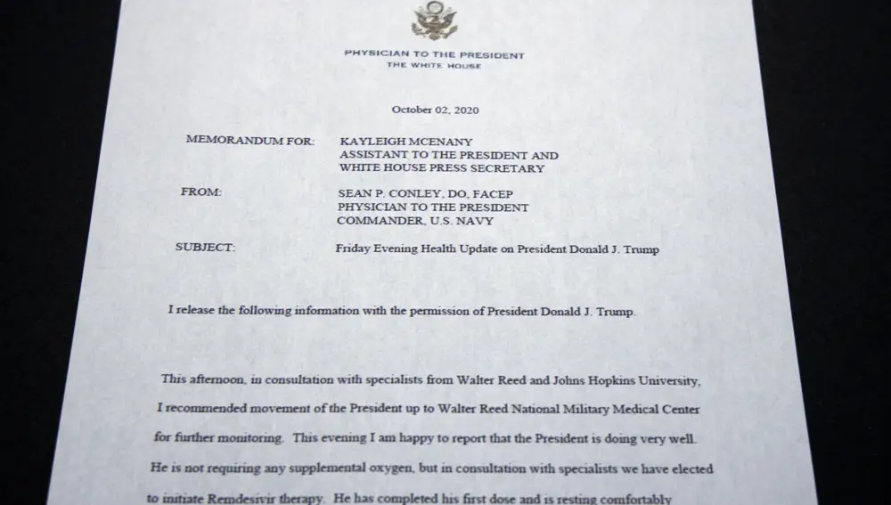 El nuevo parte médico de Trump, firmado por su médico, Sean Conley
