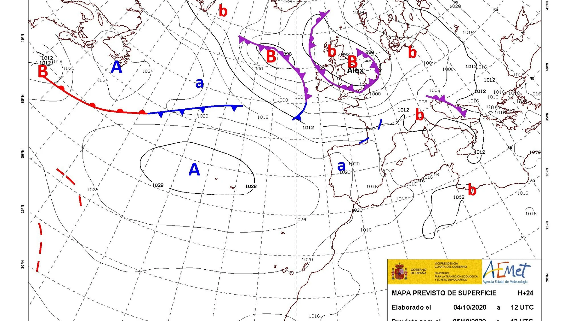 Mapa de isobaras facilitado por la Aemet previsto para el 05/10/2020. EFE