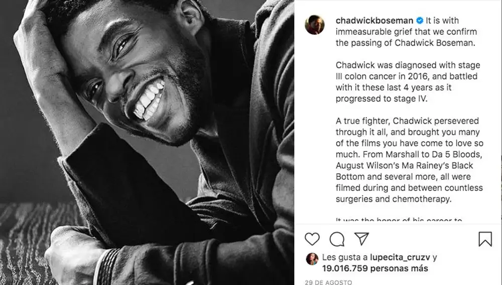10. Chadwick Boseman: 20 millones de «likes». Cuando se anunció su muerte.