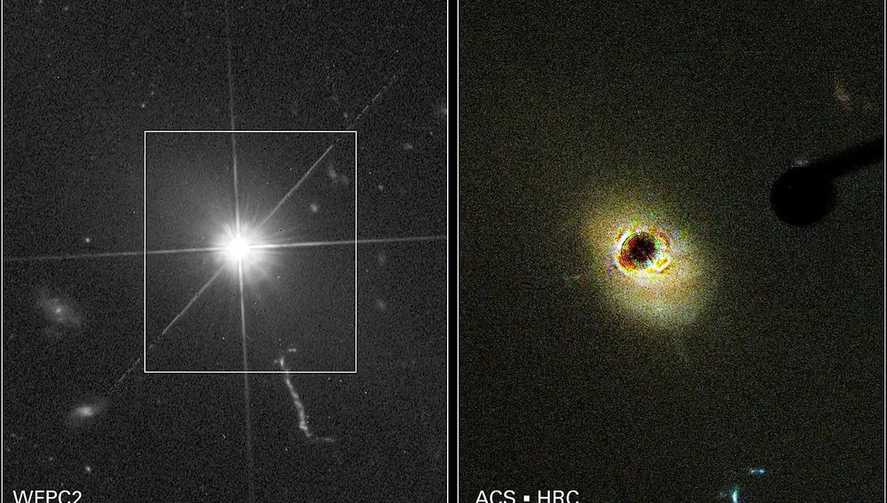 Dos imágenes del cuásar 3C 273, situado en la constelación de Virgo, tomadas por el Telescopio Espacial Hubble. En la imagen de la izquierda podemos ver que, a primera vista, el objeto tiene apariencia de estrella. En la imagen de la derecha se ha utilizado una pequeña pantalla para bloquear la luz del cuásar, y eso nos permite ver la galaxia que lo rodea. En ambas imágenes (abajo a la izquierda) se aprecia un chorro brillante de materia, expulsado del centro de la galaxia por el campo magnético del cuásar.