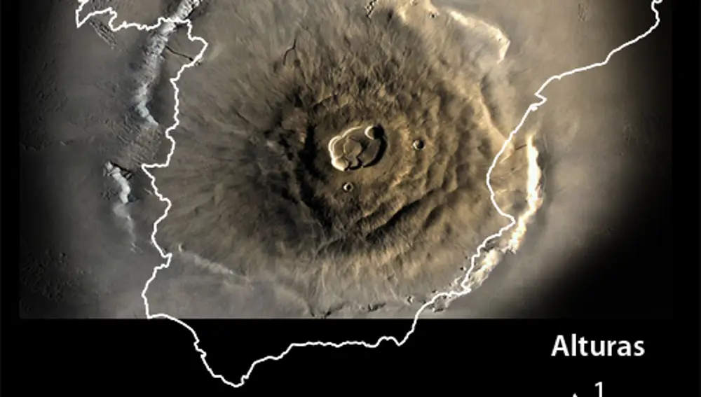 Tamaño del Monte Olimpo de Marte comparado con la extensión de España