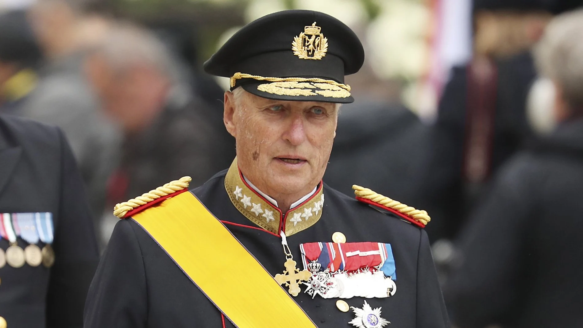 FILE - In this Saturday, May 4, 2019 file photo, King Harald V of Norway and his wife Sonja leave the Notre Dame cathedral after attending at the funeral of the Grand Duke Jean of Luxembourg, in Luxembourg. Norway’s 83-year-old King Harald V was admitted to the main hospital in Oslo Thursday, Oct. 8, 2020 to undergo an operation to replace a heart valve, the palace said. The surgery will not be an open heart operation, the palace said. The king will be awake, and the operation will be performed via the groin with local anesthesia. (AP Photo/Francisco Seco, File)