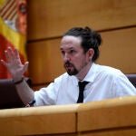El vicepresidente segundo y ministro de Derechos Sociales y Agenda 2030, Pablo Iglesias, comparece en el Senado en Comisión para las Políticas Integrales de la Discapacidad, en Madrid.