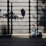 Una mujer pase a su perro por el centro de Madrid