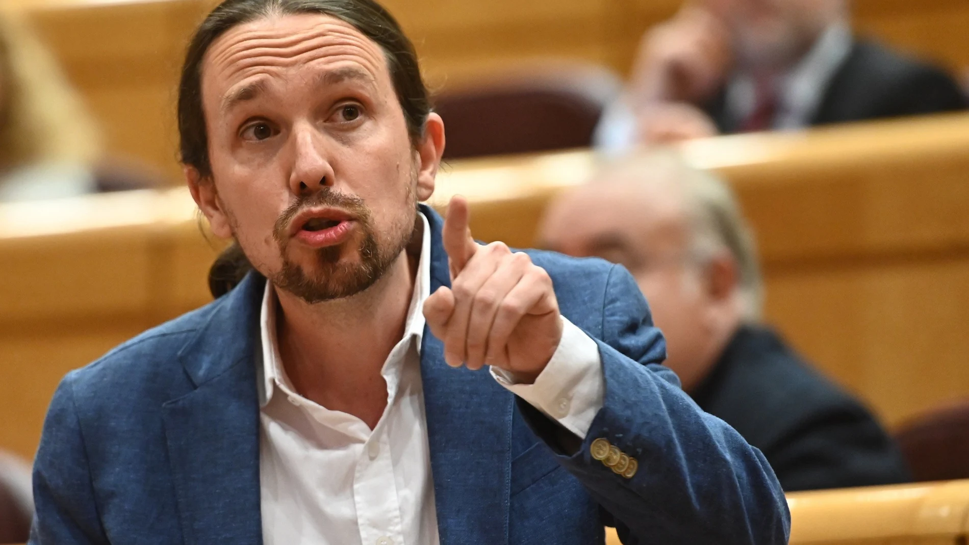 El vicepresidente segundo del Gobierno y líder de Unidas Podemos, Pablo Iglesias, interviene durante la sesión de control en el Senado.