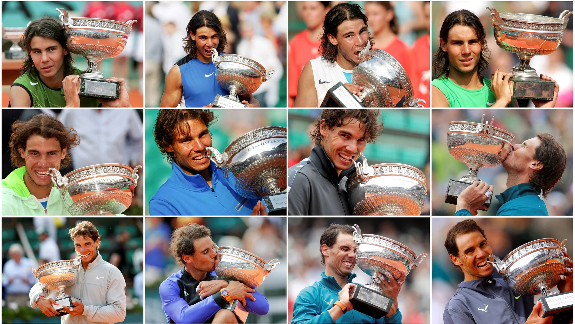 Rafael Nadal con los 12 Roland Garros obtenidos hasta hoy.