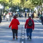 Transeúntes pasean por el Paseo del Prado, vía peatonalizada en Madrid