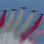 La Patrulla Águila, la unidad acrobática del Ejército del Aire, durante el acto organizado con motivo del 12 de octubre, Día de la Fiesta Nacional