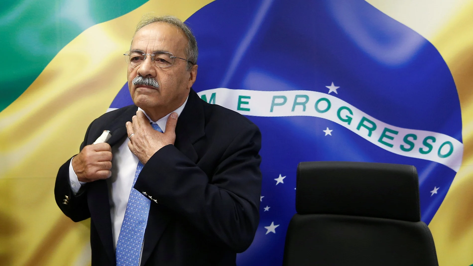 Brazil's Senator Chico Rodrigues reacts during a meeting with Brazilian Federal Deputy Eduardo Bolsonaro (not pictured) at the Federal Senate in Brasilia, Brazil August 9, 2019. Picture taken August 9, 2019. REUTERS/Adriano Machado