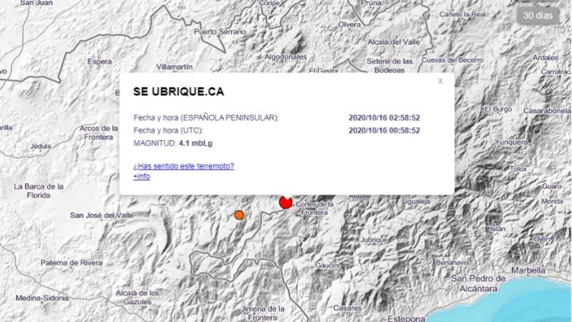 Localización del terremoto de magnitud 4,1 con epicentro en Ubrique (Cádiz)